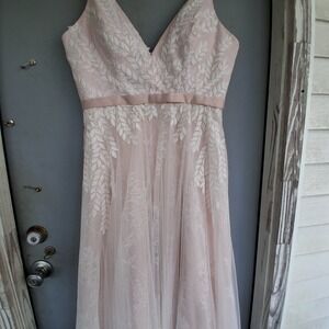 Pixie Fairy Blush Pink Lace Tulle A-Line Wedding Dress Leaf Embroidery US 14